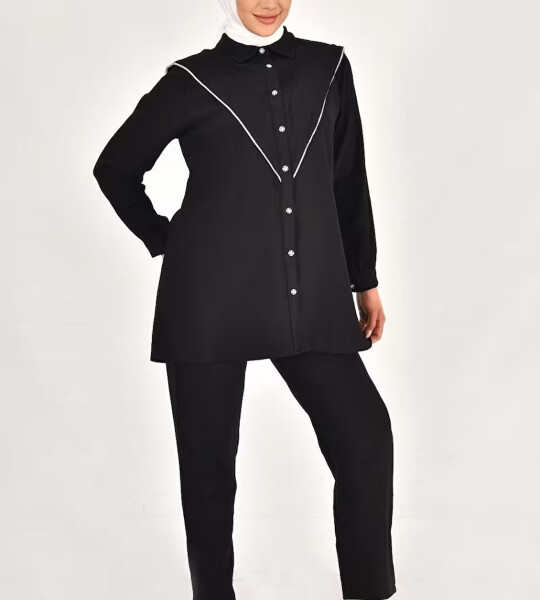 106 LİNA KETEN KUMAŞ TAŞ DETAYLI TESETTÜR 2Lİ TAKIM-SİYAH