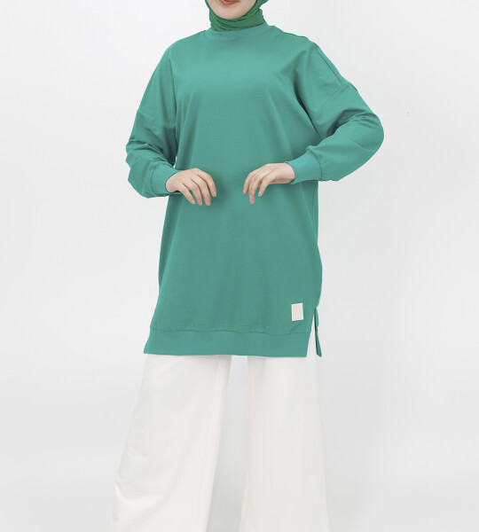 30644 Puane 2 İplik Kumaş Basic Sweatshirt-yeşil