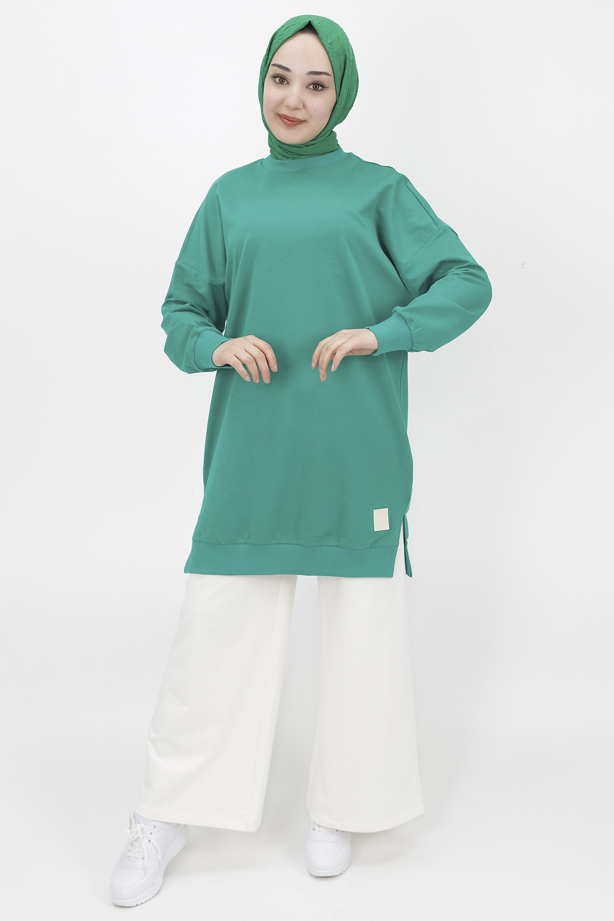 30644 Puane 2 İplik Kumaş Basic Sweatshirt-yeşil