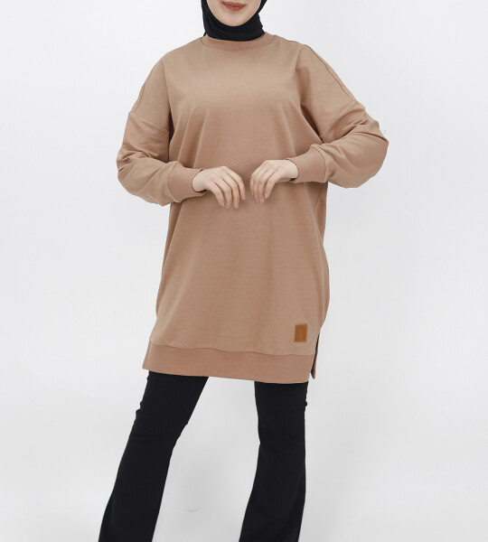 30644 Puane 2 İplik Kumaş Basic Sweatshirt-bej