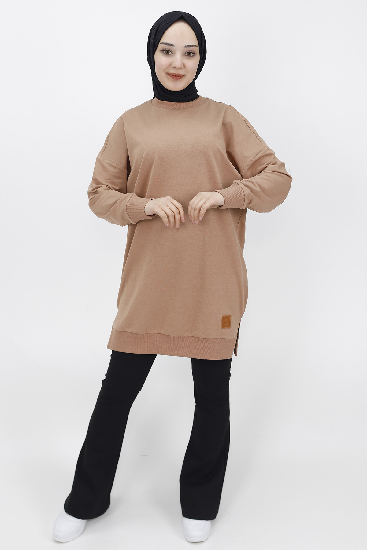 30644 Puane 2 İplik Kumaş Basic Sweatshirt-bej