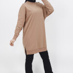 30644 Puane 2 İplik Kumaş Basic Sweatshirt-bej