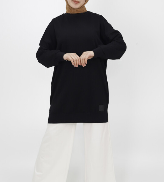 30644 Puane  2 İplik Kumaş Basic Sweatshirt-siyah