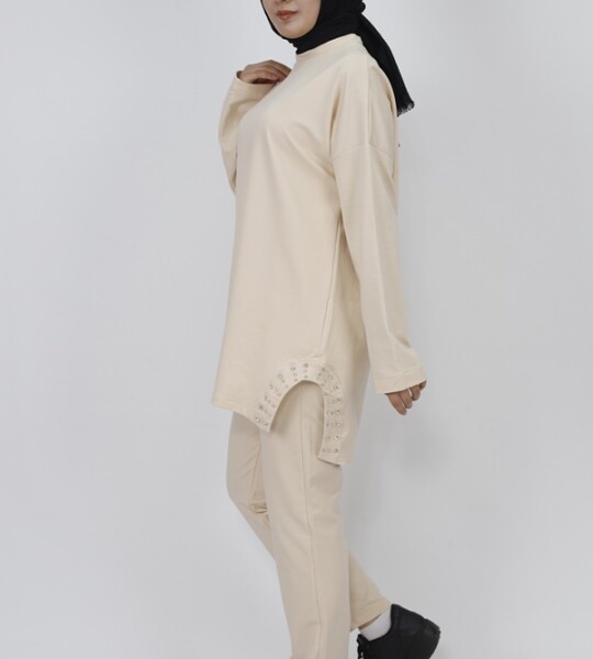 6990 Yanı Taş Detaylı 2 Li Takım-BEJ