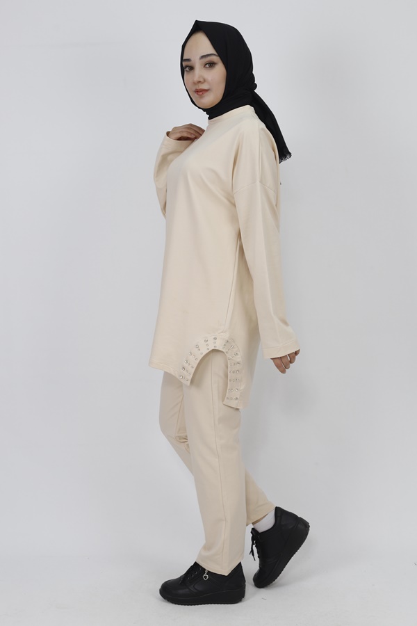 6990 Yanı Taş Detaylı 2 Li Takım-BEJ