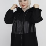 10365 Puane Scuba Kumaş Deri Garnili Ve Taşlı Sweatshirt-SİYAH