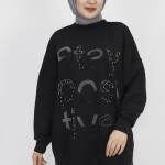 10349 Puane Scuba Kumaş Taş Ve Boncuk Baskılı Sweatshirt-SİYAH