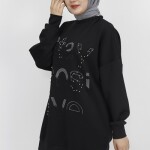 10349 Puane Scuba Kumaş Taş Ve Boncuk Baskılı Sweatshirt-SİYAH