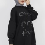 10349 Puane Scuba Kumaş Taş Ve Boncuk Baskılı Sweatshirt-SİYAH