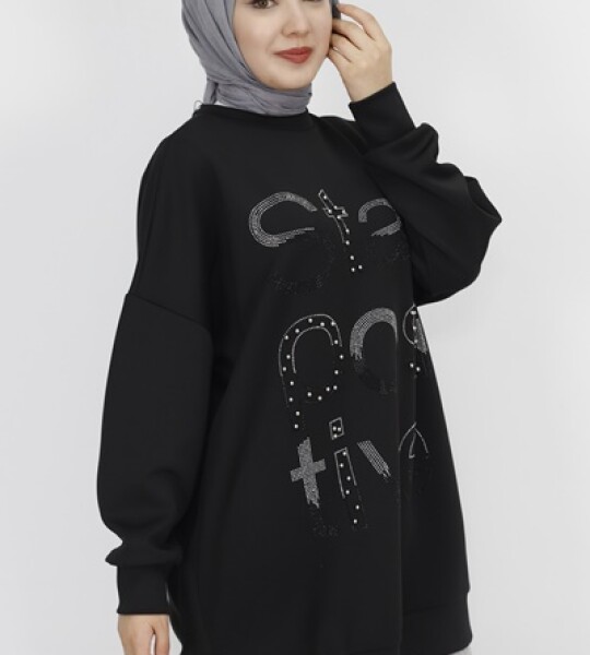 10349 Puane Scuba Kumaş Taş Ve Boncuk Baskılı Sweatshirt-SİYAH