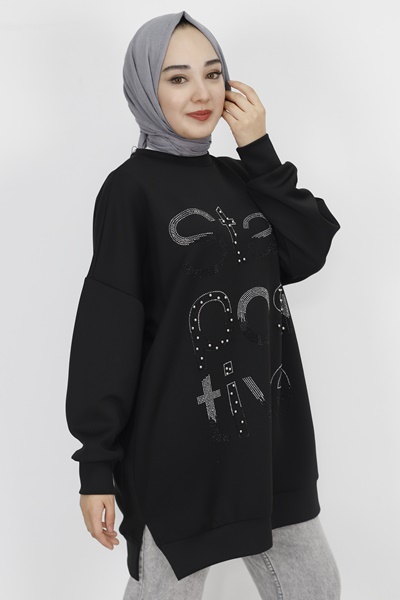 10349 Puane Scuba Kumaş Taş Ve Boncuk Baskılı Sweatshirt-SİYAH