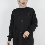 10345 Puane Scuba Kumaş Pul Ve Nakış Detaylı Sweatshirt-SİYAH