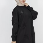 10345 Puane Scuba Kumaş Pul Ve Nakış Detaylı Sweatshirt-SİYAH