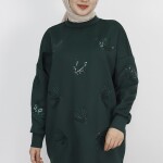 10345 Puane Scuba Kumaş Pul Ve Nakış Detaylı Sweatshirt-HAKİ