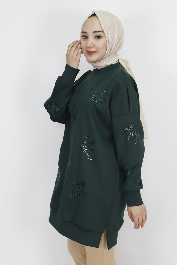 10345 Puane Scuba Kumaş Pul Ve Nakış Detaylı Sweatshirt-HAKİ