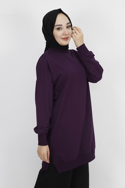 30644 Puane 2 İplik Kumaş Basic Sweatshirt-MOR