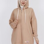 71129 2 İp Kumaş Cepli Ve Kapişonlu Oversize Sweatshirt-BEJ