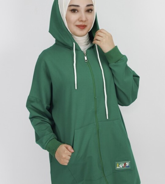 71129 2 İp Kumaş Cepli Ve Kapişonlu Oversize Sweatshirt-YEŞİL