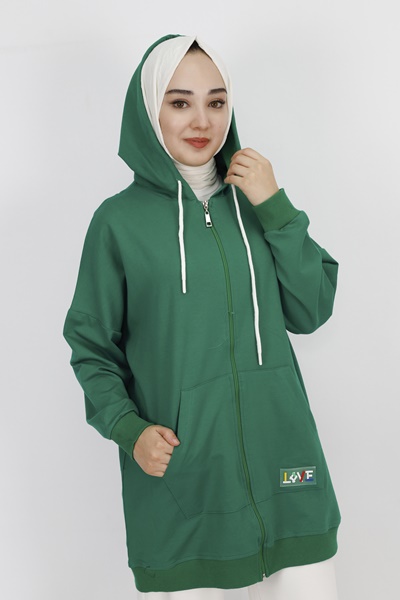 71129 2 İp Kumaş Cepli Ve Kapişonlu Oversize Sweatshirt-YEŞİL