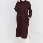 3007 2 İp Kumaş Kapişonlu Yırtmaç Detaylı Sweatshirt-BORDO