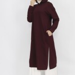 3007 2 İp Kumaş Kapişonlu Yırtmaç Detaylı Sweatshirt-BORDO