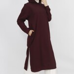 3007 2 İp Kumaş Kapişonlu Yırtmaç Detaylı Sweatshirt-BORDO