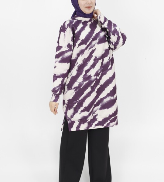 10364 Puane Scuba Kumaş Zebra Desenli Sweatshirt-Mor