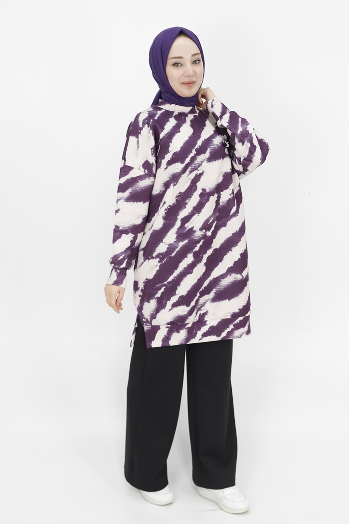 10364 Puane Scuba Kumaş Zebra Desenli Sweatshirt-Mor