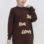 10336 Puane Önü Tüy Baskılı 2 İp Kumaş Sweatshirt-KAHVE