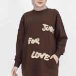 10336 Puane Önü Tüy Baskılı 2 İp Kumaş Sweatshirt-KAHVE