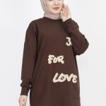 10336 Puane Önü Tüy Baskılı 2 İp Kumaş Sweatshirt-KAHVE