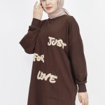 10336 Puane Önü Tüy Baskılı 2 İp Kumaş Sweatshirt-KAHVE