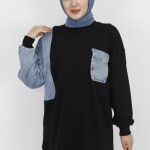 3163 Kot Cep Detaylı 2 İp Kumaş Sweatshirt-SİYAH