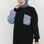 3163 Kot Cep Detaylı 2 İp Kumaş Sweatshirt-SİYAH