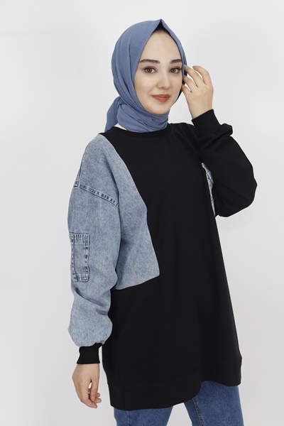 3163 Kot Cep Detaylı 2 İp Kumaş Sweatshirt-SİYAH