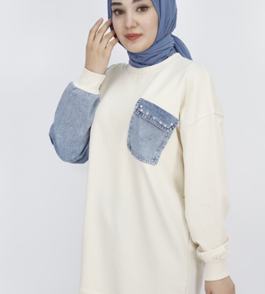 3163 Kot Cep Detaylı 2 İp Kumaş Sweatshirt-EKRU