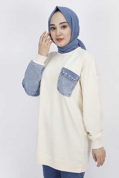 3163 Kot Cep Detaylı 2 İp Kumaş Sweatshirt-EKRU