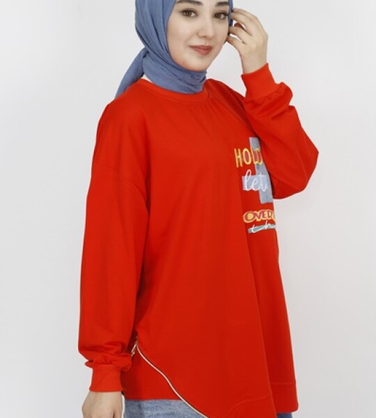 3165 Nakış Detaylı 2 İp Kumaş Sweatshirt-ORANJ