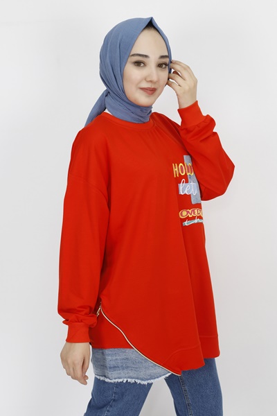 3165 Nakış Detaylı 2 İp Kumaş Sweatshirt-ORANJ