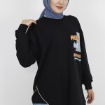 3165 Nakış Detaylı 2 İp Kumaş Sweatshirt-SİYAH