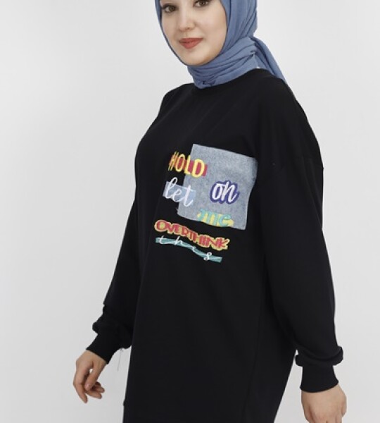 3165 Nakış Detaylı 2 İp Kumaş Sweatshirt-SİYAH