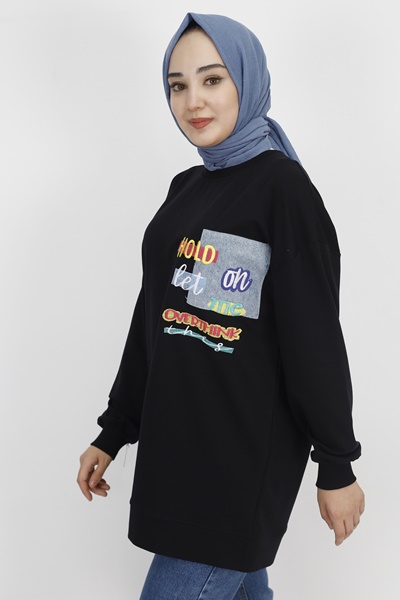 3165 Nakış Detaylı 2 İp Kumaş Sweatshirt-SİYAH