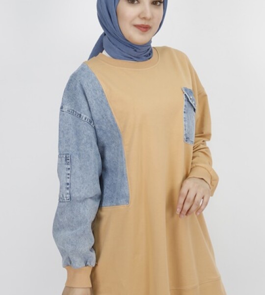 3163 Kot Cep Detaylı 2 İp Kumaş Sweatshirt-CAMEL