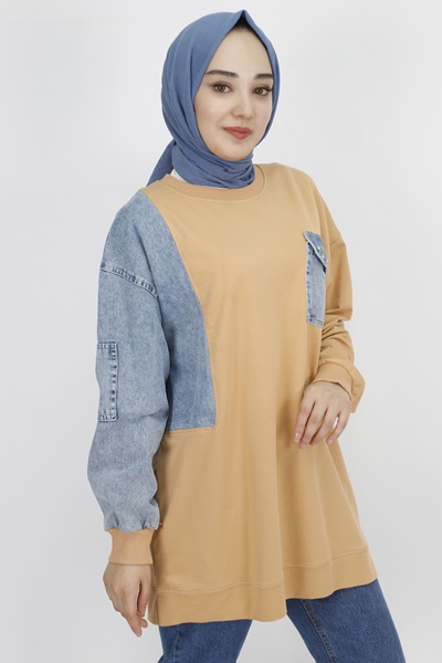 3163 Kot Cep Detaylı 2 İp Kumaş Sweatshirt-CAMEL