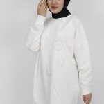 10347 Puane 2 İp Kumaş Taş Baskılı Sweatshirt-EKRU