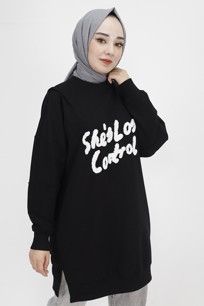 10335 Puane 2 İp Kumaş Yün Bakılı Sweatshirt-SİYAH