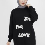 10336 Puane Önü Tüy Baskılı 2 İp Kumaş Sweatshirt-SİYAH