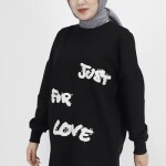 10336 Puane Önü Tüy Baskılı 2 İp Kumaş Sweatshirt-SİYAH