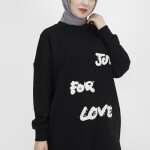 10336 Puane Önü Tüy Baskılı 2 İp Kumaş Sweatshirt-SİYAH