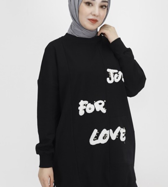 10336 Puane Önü Tüy Baskılı 2 İp Kumaş Sweatshirt-SİYAH